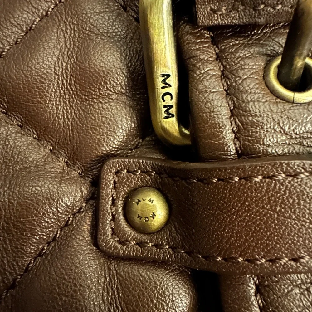 MCM VINTAGE Brown Leather large Boston Bag with Gold Accents